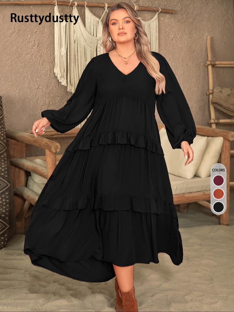 Plus Size Plain Lantern Sleeve Tiered Ruffle Trim Smock Dress, Elegant V Neck Long Sleeve Dress for Vacation Party Wedding Guest, Women's Clothes for All Seasons