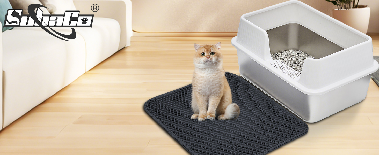 Cat litter box setup with gray mat and white covered litter box. Gray cat sitting on black textured mat beside the box.