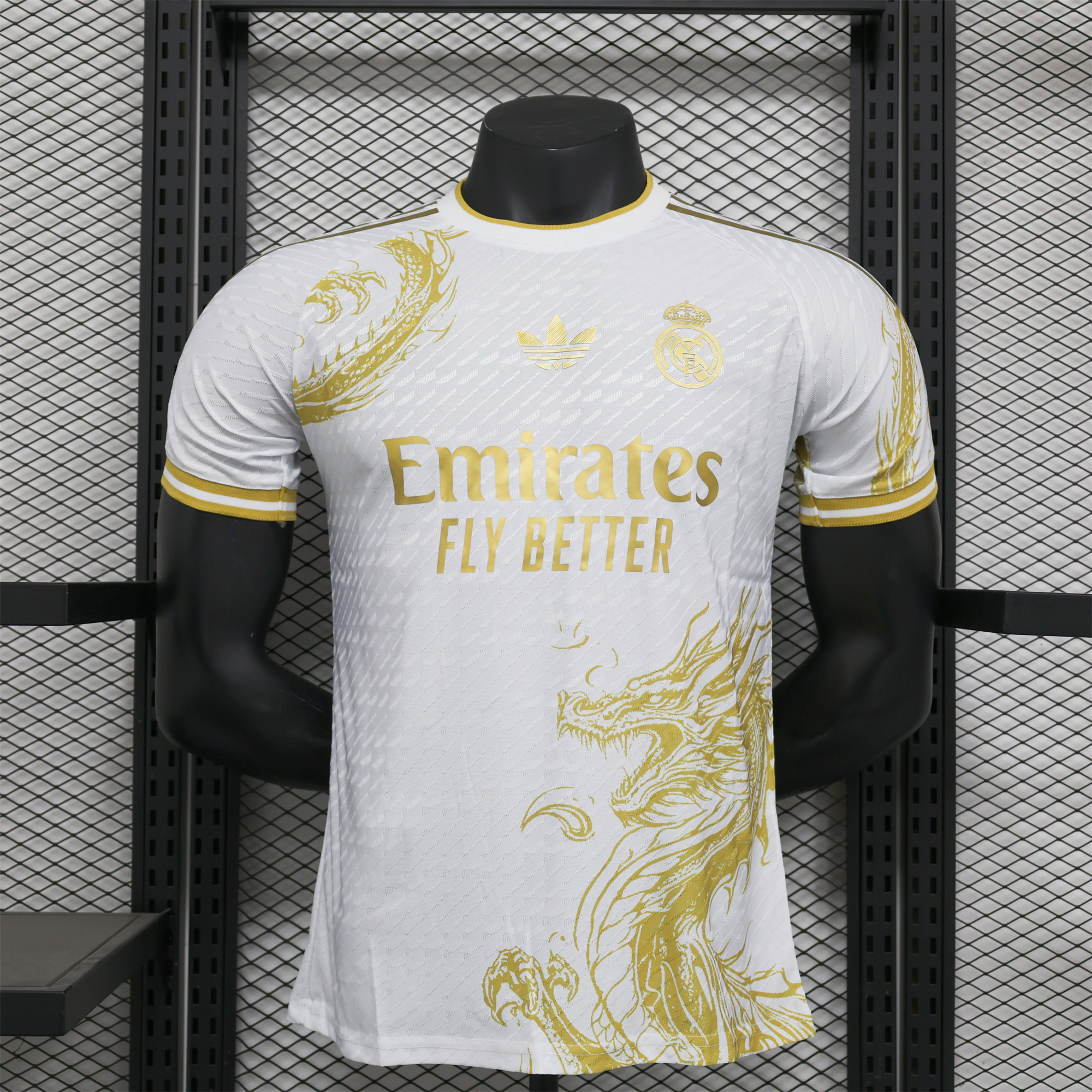 JerseysGala.com | Real Madrid 24-25 Gold Dragons Pattern White Special Edition Jersey - Player Version -Customize Name, Number and Patch | Worldwide Shipping