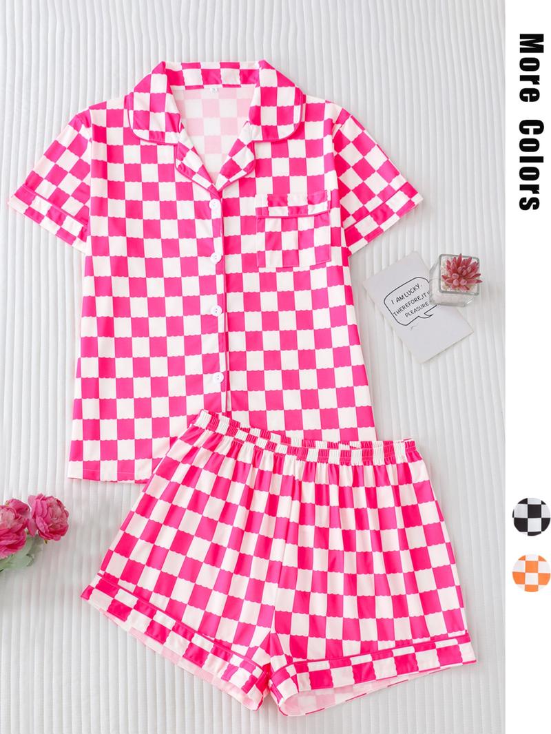 Women's Checkerboard Print Lapel Neck Pajama, Casual Comfy Short Sleeve Button Front Chest Pocket Design Top & Elastic Waist Shorts PJ Set, Ladies Summer Sleepwear