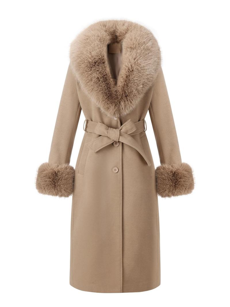Women's Fall Winter Mid-Length Plain Woolen Coat, Warm Fitted Jacket with Fur Collar, Waist Belt & Pockets, Casual Style