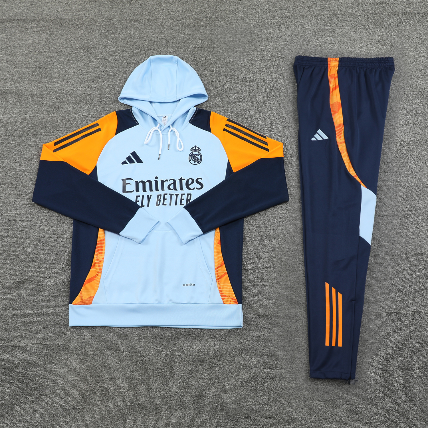 JerseysGala.com | Real Madrid 24-25 Training Hoodie Set - Light Blue Hoodie and Deep Blue Pants -Customize Name, Number and Patch | Worldwide Shipping