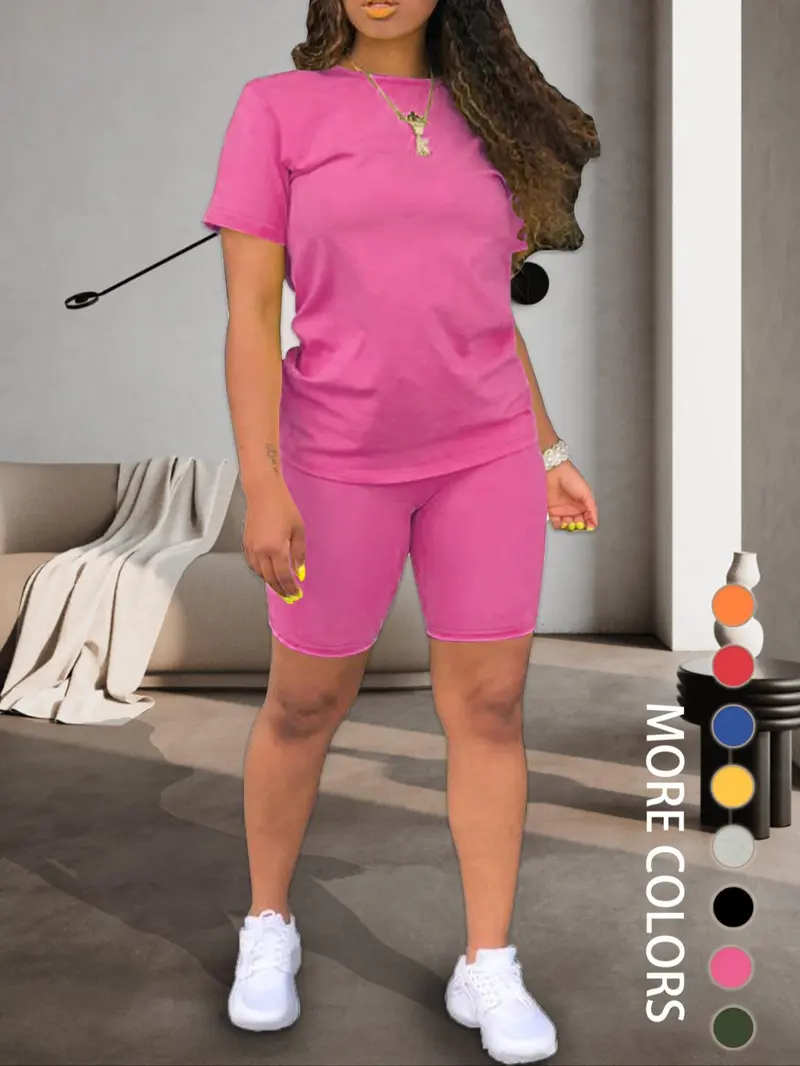 Product Introduction of Two-piece Set Women's Plain Shorts Set, Comfort Round Neck Shortsleeve Tee & Skinny Shorts, Summer Clothes Women, Back To School Outfits, Workout Set, Fitted Casual Summer Clothes for Outdoor, Tomboy Femme Outfits, Workout Sets Women, Womenswear 6