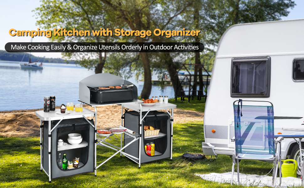 Goplus Folding Camping Kitchen Table with Storage