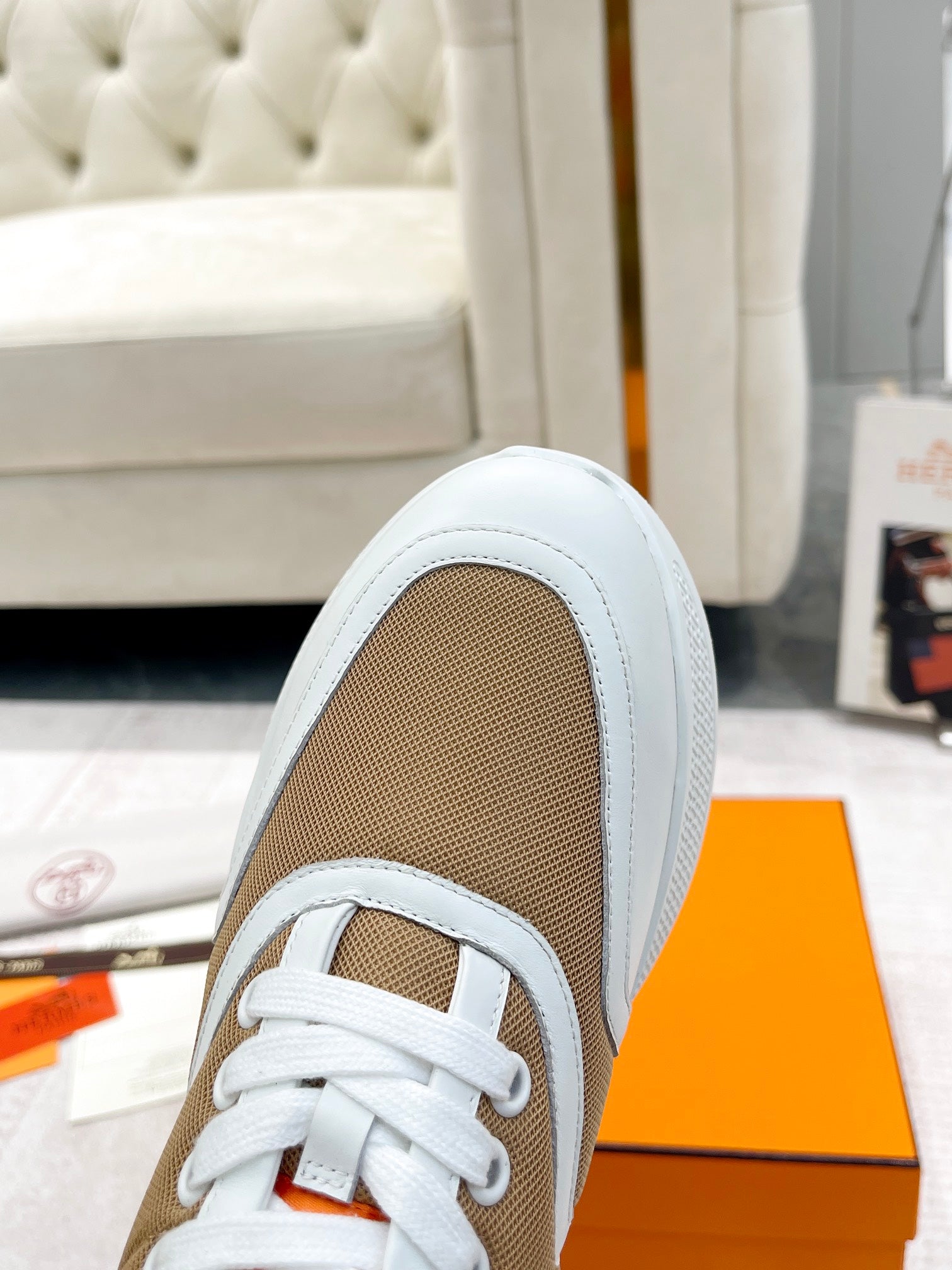 GIGA SNEAKER IN CIDER BROWN STITCHED MESH AND WHITE CALFSKIN、mysite、Cacoeks