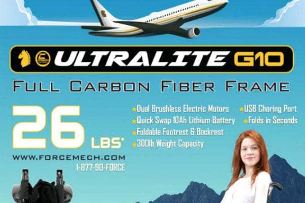 Forcemech Ultralite G10 Powerchair equipped with dual brushless electric motors and Forcemax™ Lithium Battery for extended travel.