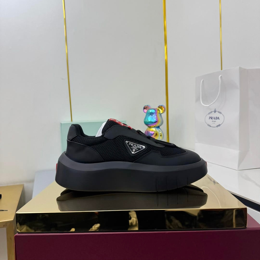 PRADA 25S CROSS LACED SNEAKERS IN BLACK CALFSKIN、mysite、Cacoeks