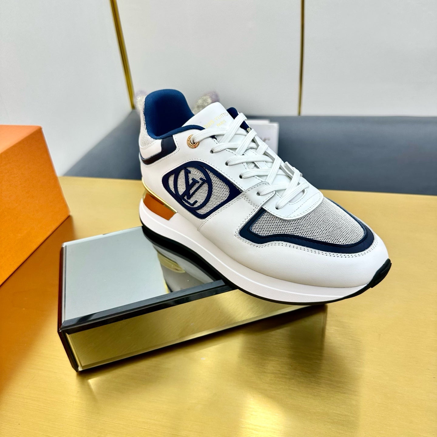 NEO RUN AWAY SNEAKER IN WHITE MIX NAVY BLUE CALFSKIN、mysite、Cacoeks
