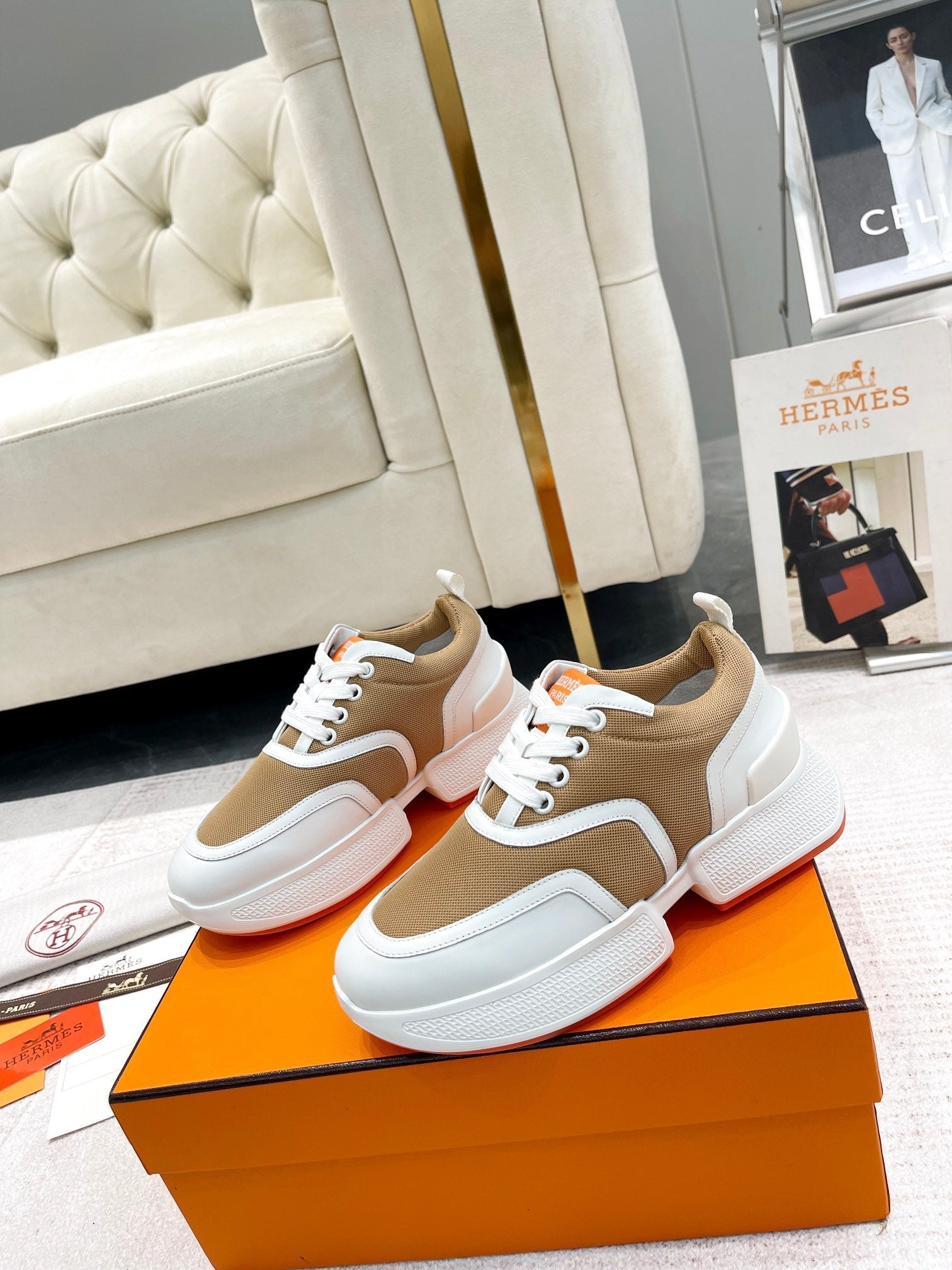 GIGA SNEAKER IN CIDER BROWN STITCHED MESH AND WHITE CALFSKIN、mysite、Cacoeks