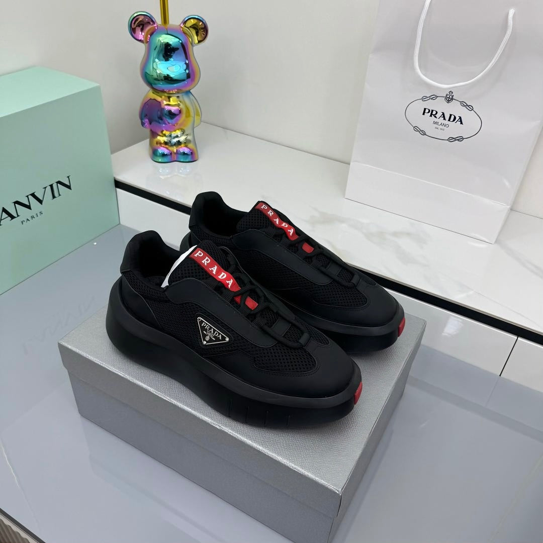 PRADA 25S CROSS LACED SNEAKERS IN BLACK CALFSKIN、mysite、Cacoeks