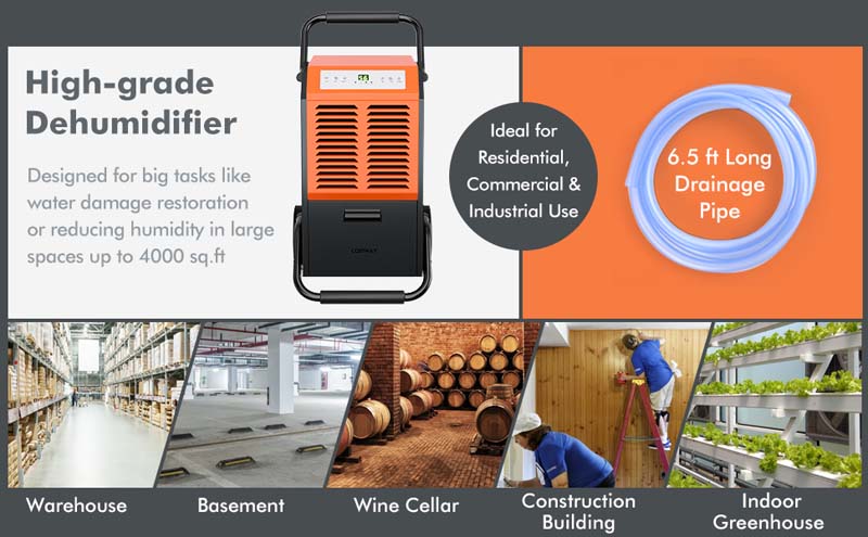 Eletriclife 140-Pint Portable Commercial Dehumidifier with Water Tank and Drainage Pipe for Basement