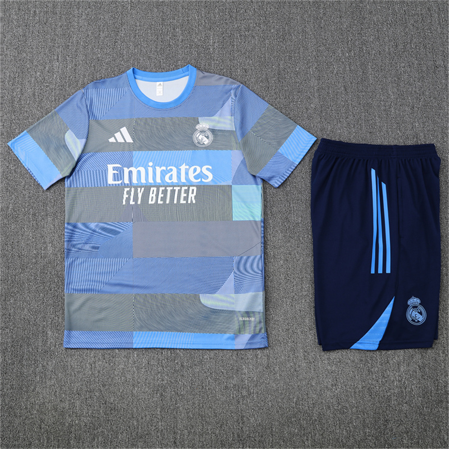 UltraTrikot-Real Madrid 25-26 Pre-Match Short-Sleeve Training Set - Blue-Gray Camouflage Top and Blue Shorts