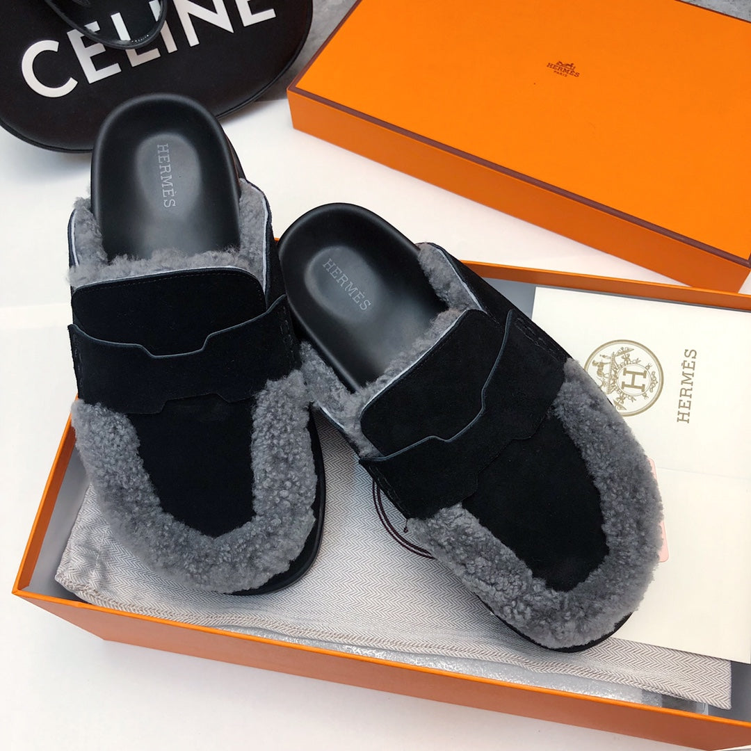 GO MULE IN BLACK SUEDE ATTACH LIGHT GRAY FLEECE、mysite、Cacoeks