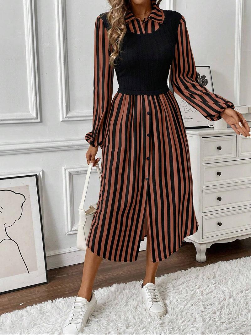 Women's Long Sleeve Striped Button Front Shirt Dress, Layered Design, Casual Spring & Fall Fashion, Elegant Women's Clothing