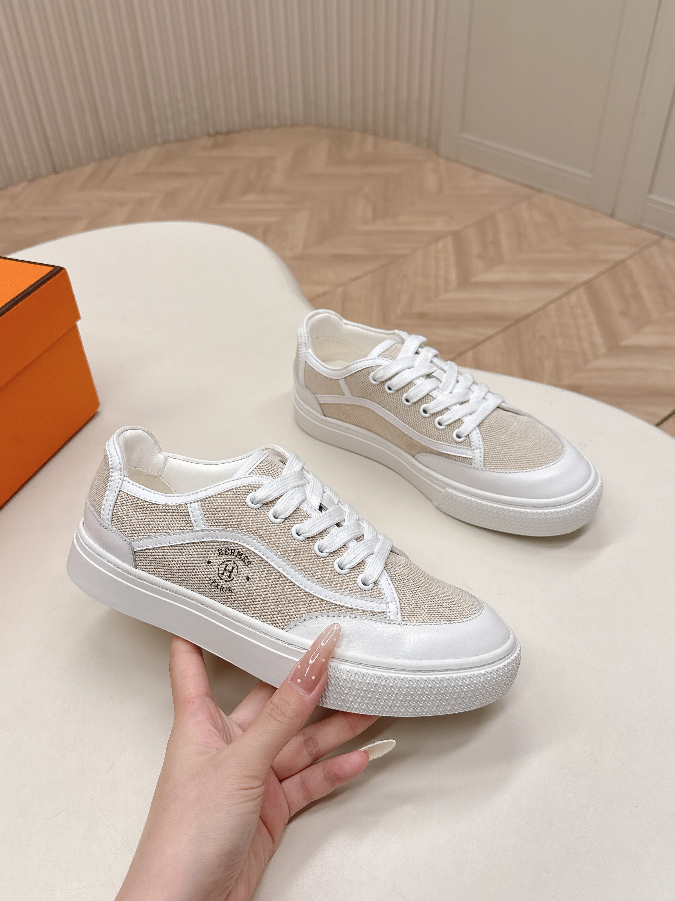 HM 25S SNEAKER LOW SPORTS IN BEIGE CANVAS MIX WHITE LAMBSKIN、mysite、Cacoeks