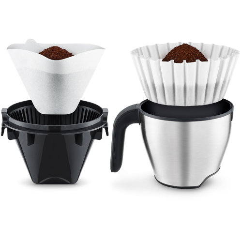 A cone-shaped and a flat-bottom filter basket, both containing coffee inside.