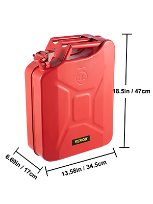 red VEVOR jerry can, 20l capacity, dimensions: 18.5in x 13.58in x 6.69in, robust metal construction.