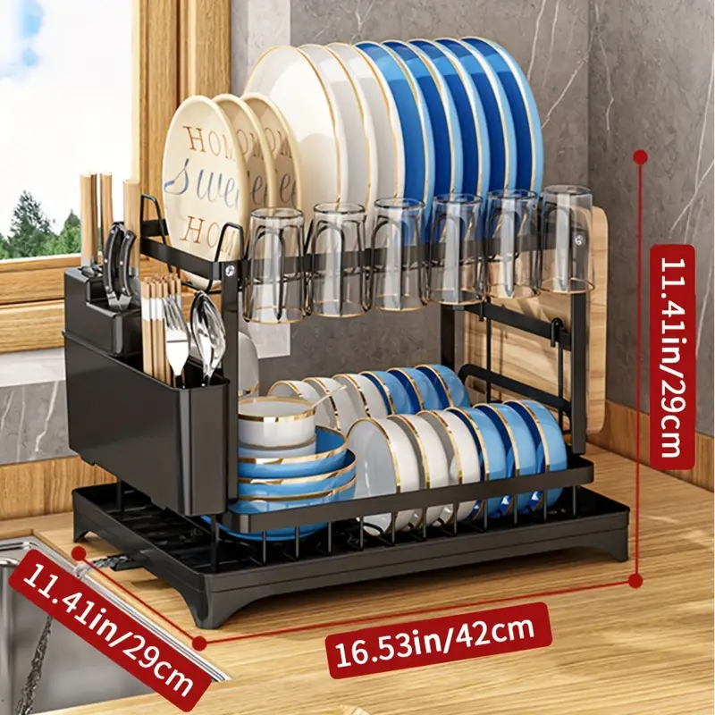 1pc dish drying rack for kitchen counter over the sink detachable larger capacity 2 tier dish drying rack drainboard set with double layer bowl rack cup rack drain board sticky board rack cutlery rack kitchen accessories black white details 2