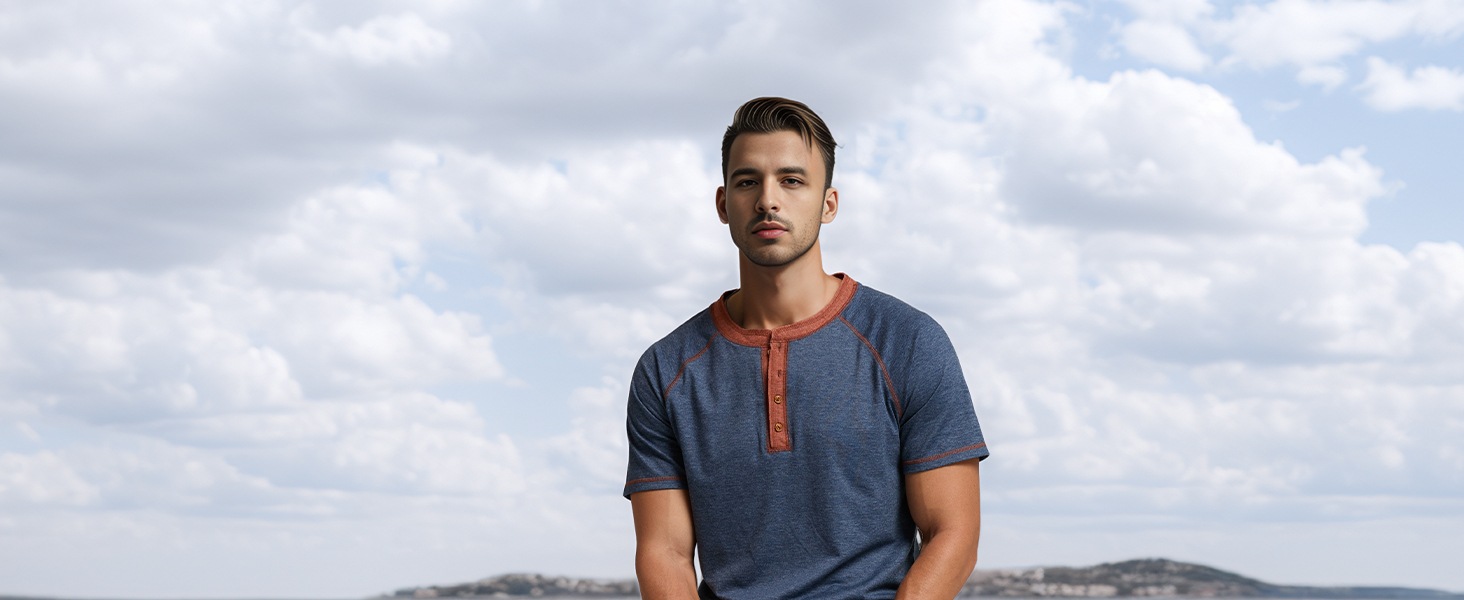 Mens Henley Long Sleeve T-Shirt Cotton Casual Shirt
