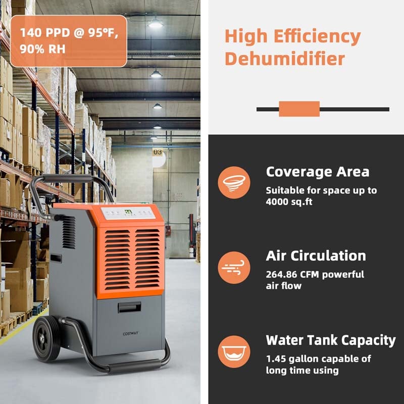 Eletriclife 140-Pint Portable Commercial Dehumidifier with Water Tank and Drainage Pipe for Basement