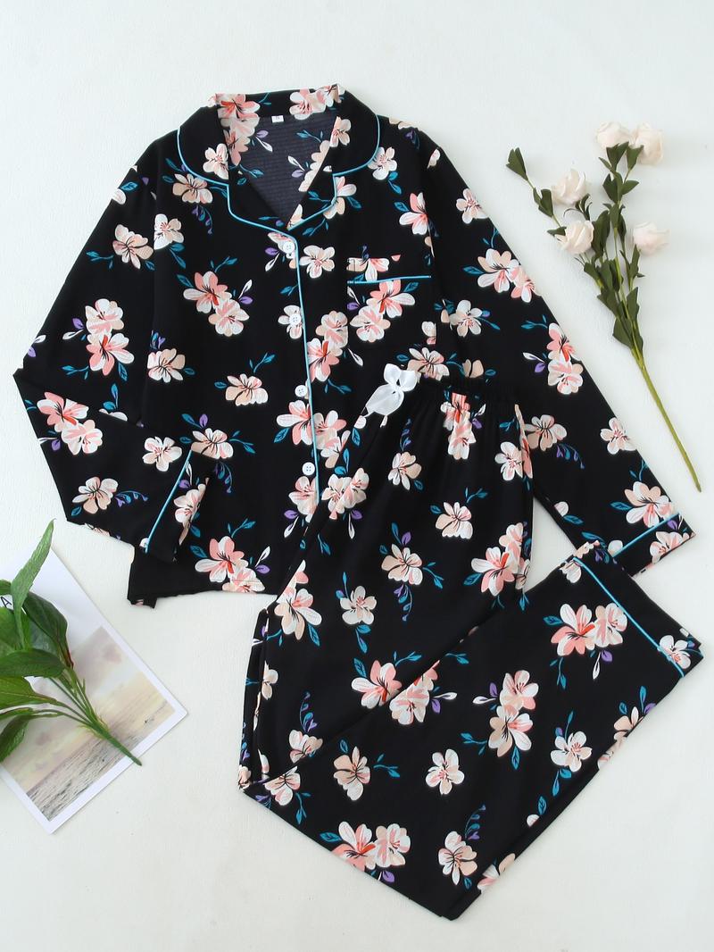 Women's Button Front Blouse & Bow Front Contrast Binding Pants Pyjama Set, Casual Long Sleeve Lapel Top & Trousers,�Summer Outfits 2024,�Sleepwear for Spring & Fall,�National Day Offers