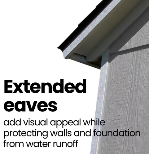 Handy Home Meridian shed with extended eaves for added visual appeal and protection from water runoff.