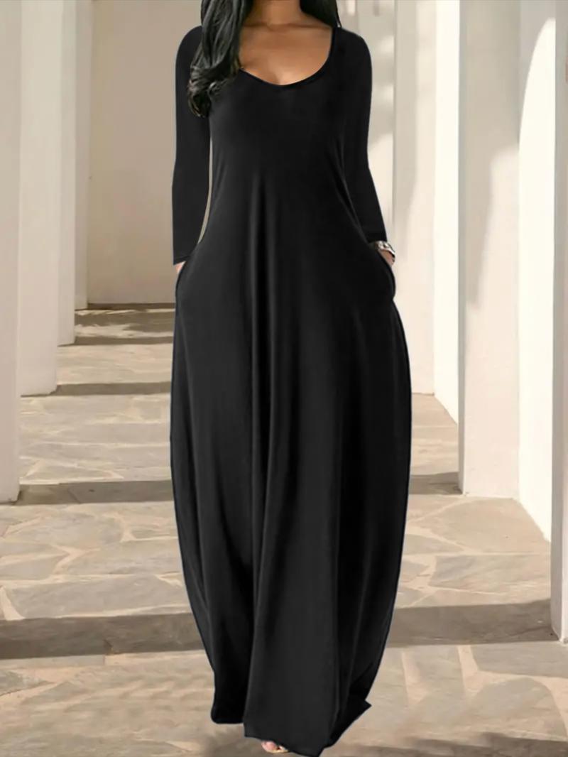 Women's Solid Color Pocket Lounge Dress, Casual Comfy Long Sleeve Dress for Daily Wear, Ladies Sleepwear Loungewear for All Seasons