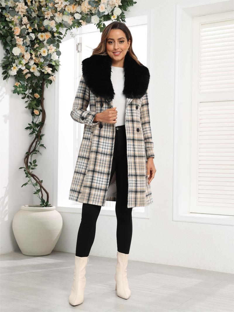 Women's Plaid Print Double Button Belted Woolen Coat, Casual Long Sleeve Collar Outerwear for Fall & Winter, Ladies Clothes for Daily Wear, Casual Fashionable Jacket
