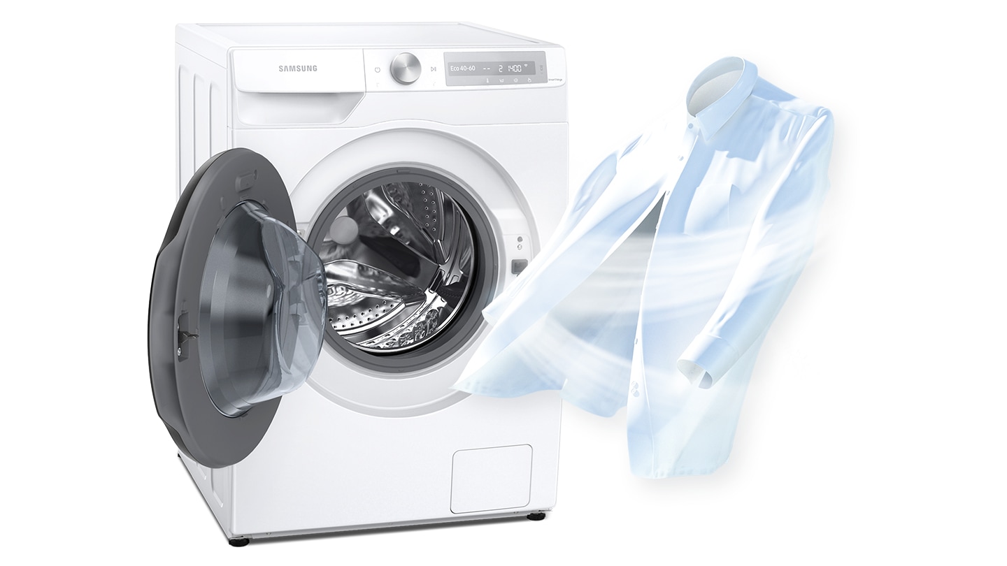 Check out WD90T634DBN/SP now. White shirt seen swayed out from open drum door of EcoBubble™. 9Kg. Washer Dryer. 4 Ticks