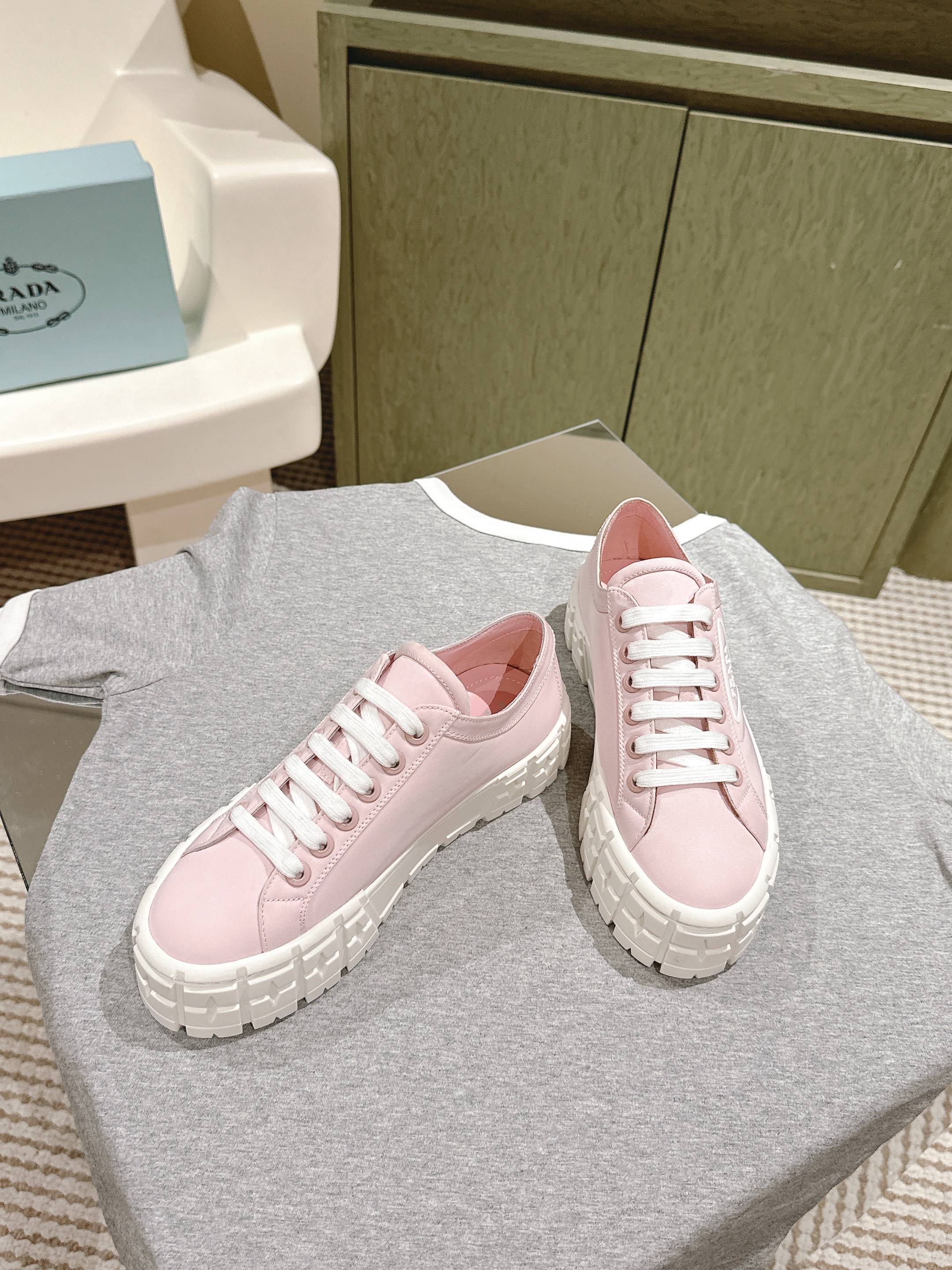 PRA DOUBLE WHEEL RE-NYLON GABARDINE SNEAKERS PASTEL PINK CALFSKIN、mysite、Cacoeks