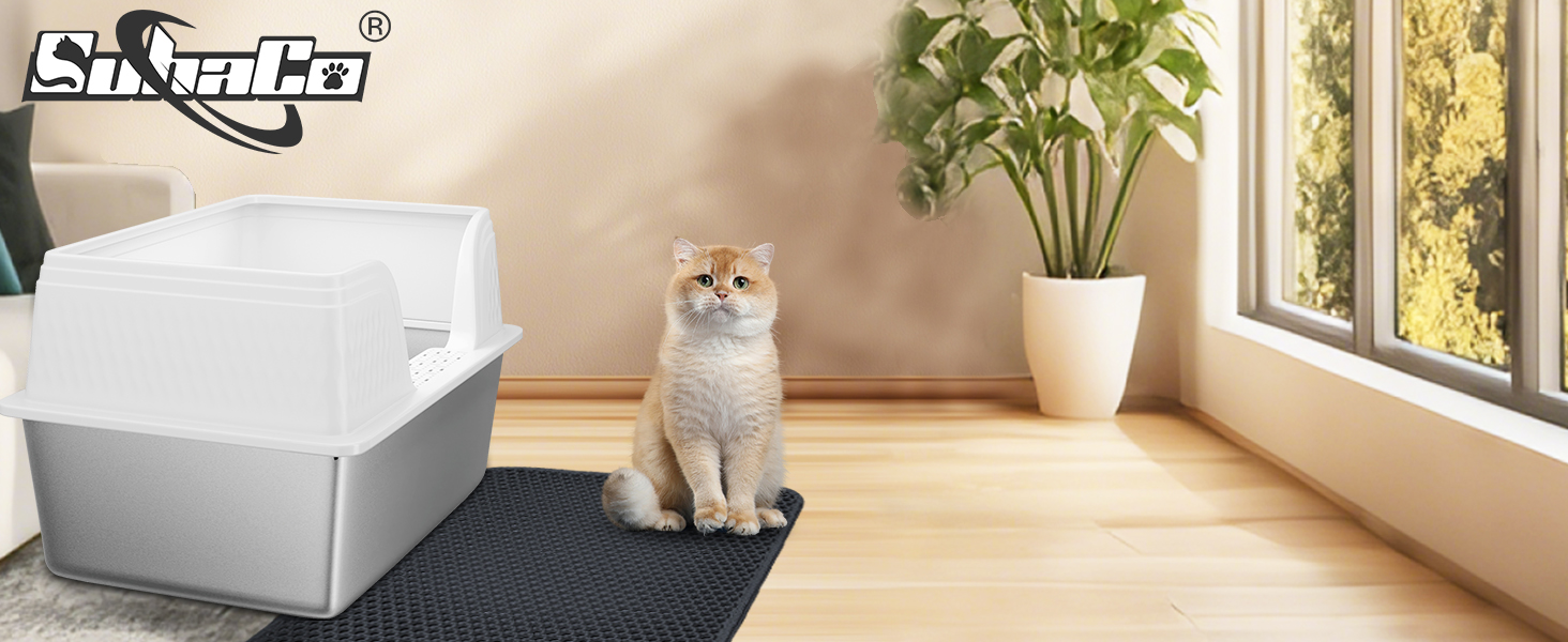 Covered cat litter box with white top and gray base, next to a black litter mat. A cream-colored cat sits on the mat near a potted plant and window.