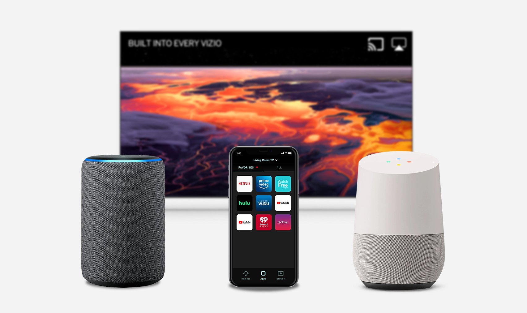 Alexa, Google Home and Apple Homekit for voice control and smart home integration.