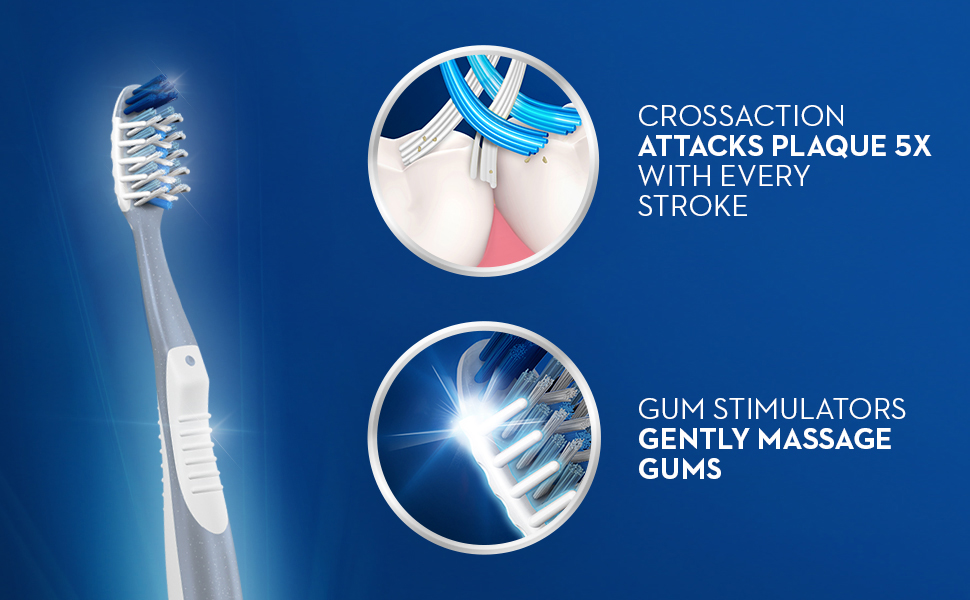 CrossAction attacks plaque 5x with every stroke. Gum stimulators gently massage gums.