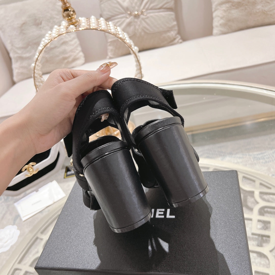 Double C Xiaoxiang Chain Fabric Head Chunky Heel Sandals Black Lambskin、mysite、Cacoeks