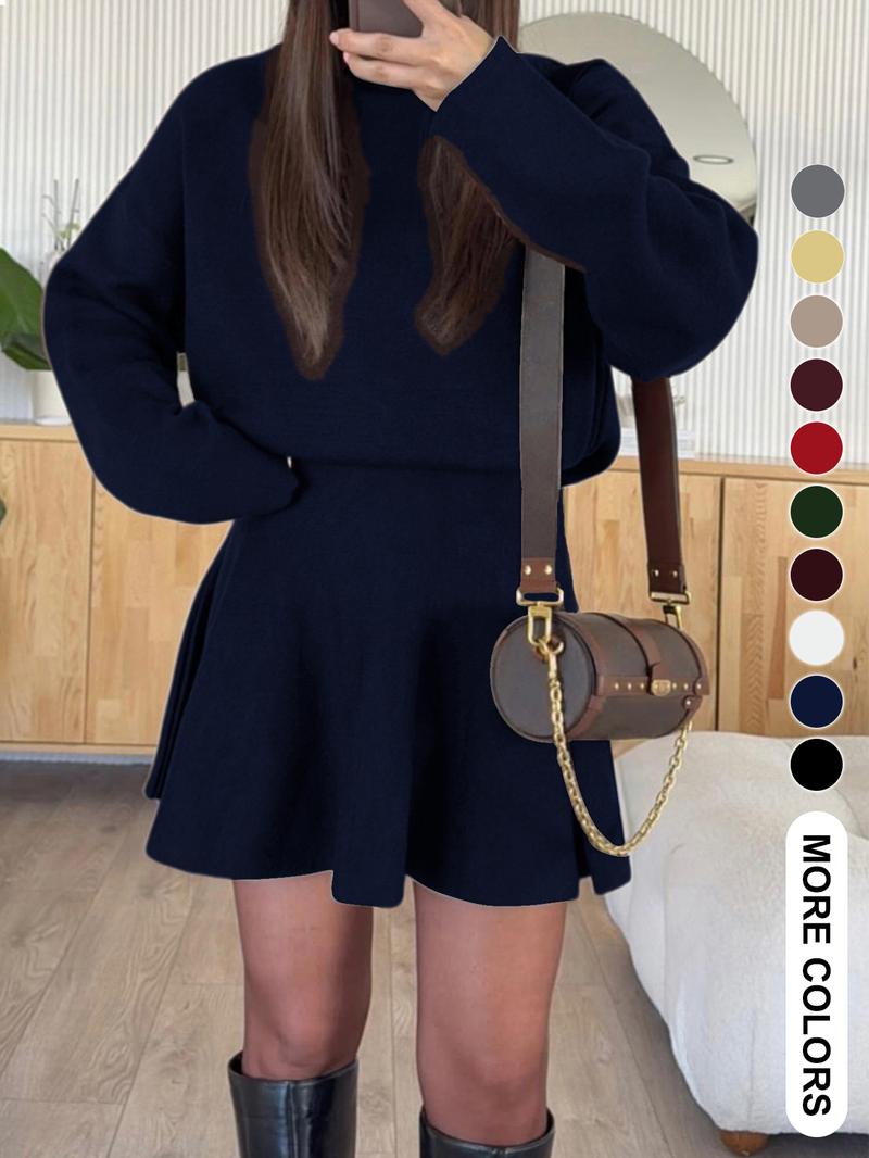 Women's Casual Half-High Neck Long Sleeve Knit Dress, Plain Color Loose-Fitting Sweater Dress, Fall & Winter Fashion