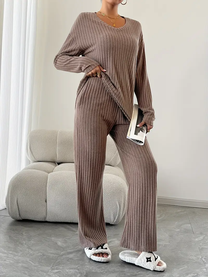 ribbed solid color knitted pantsuits casual drop shoulder long sleeve v neck top straight leg pants outfits womens clothing Product details 2