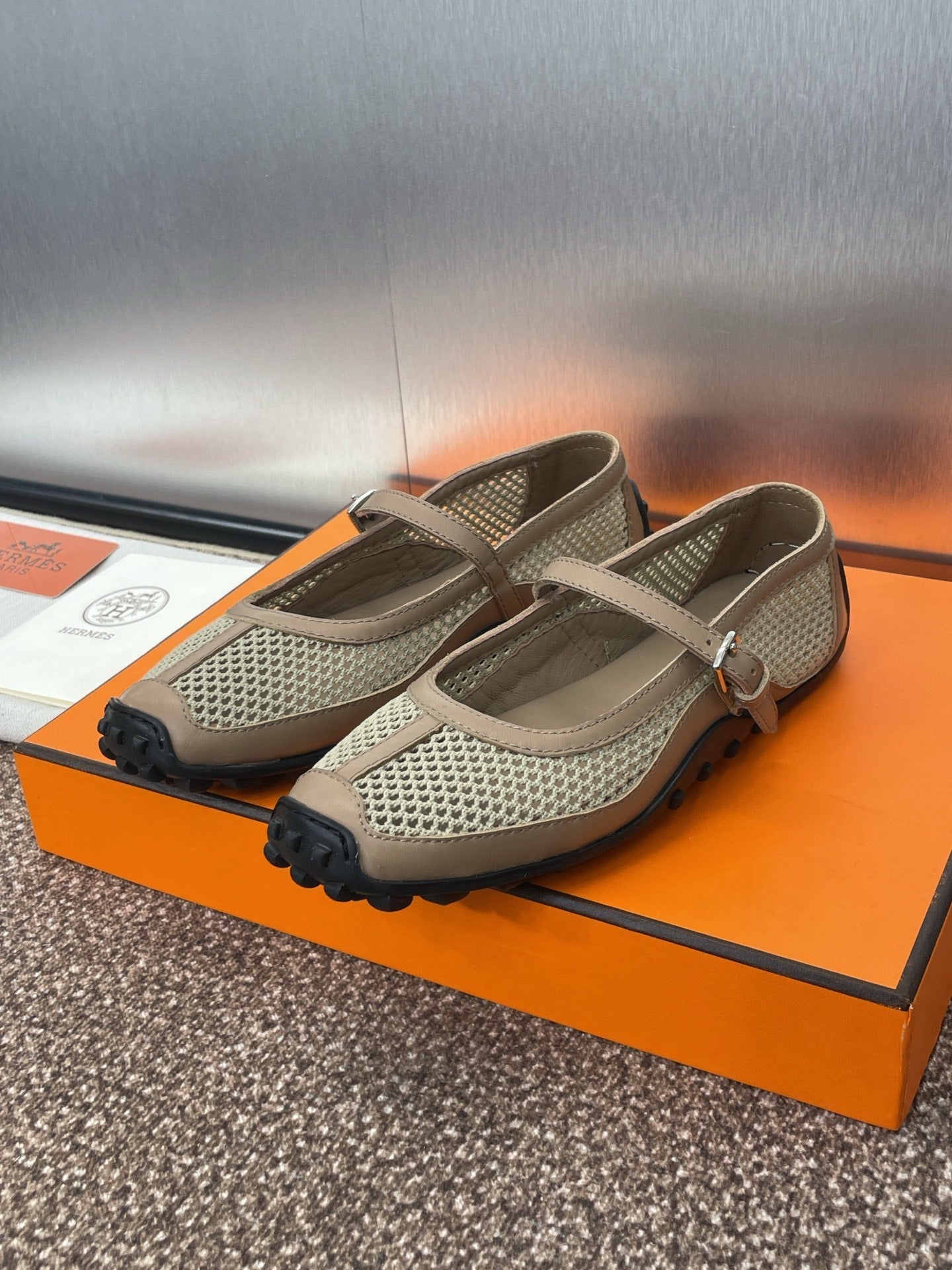 KICHU BALLET FLAT IN MOCHA BROWN CROCHET KNIT AND CALFSKIN、mysite、Cacoeks