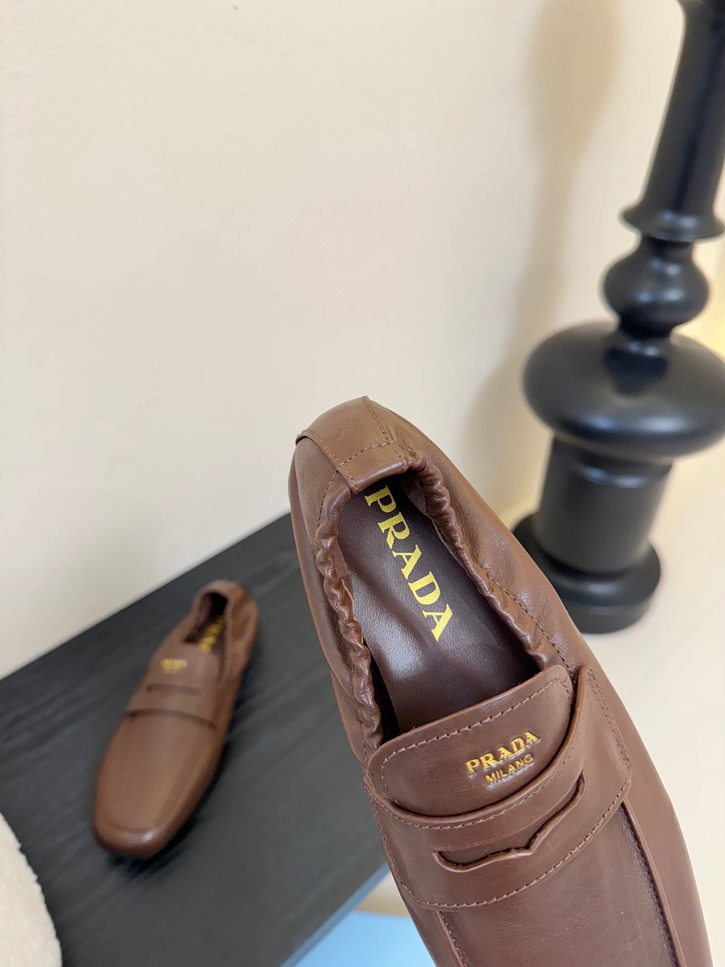 PRADA 25S SHUFFLE LOAFERS IN EARTH BROWN CALFSKIN、mysite、Cacoeks