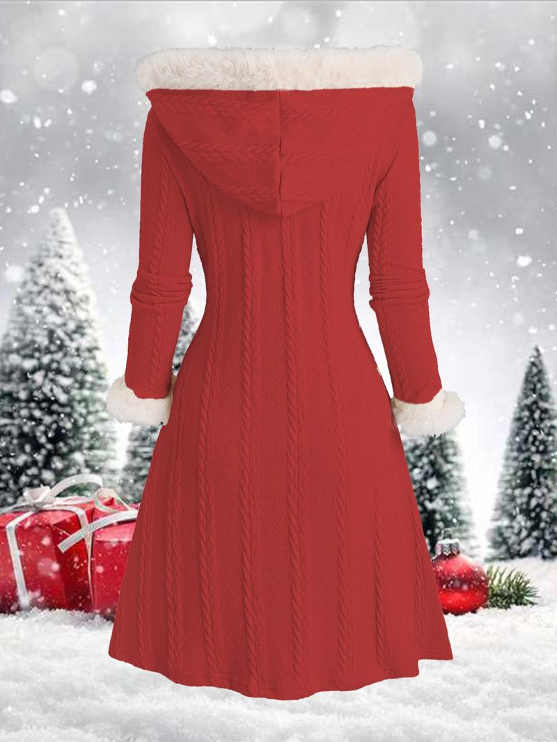 Women's Plain Contrast Faux Fur Trim Button Front Hooded Jacket, Casual Long Sleeve Outerwear for Fall & Winter, Ladies Clothes for Daily Wear