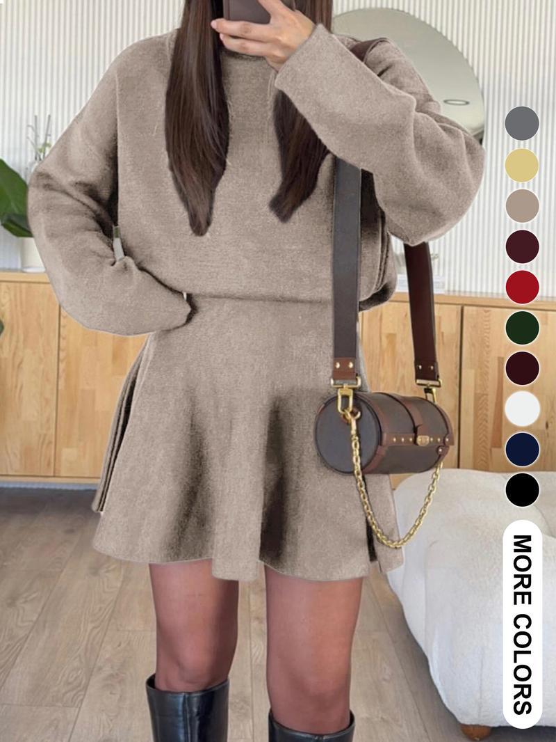 Women's Casual Half-High Neck Long Sleeve Knit Dress, Plain Color Loose-Fitting Sweater Dress, Fall & Winter Fashion