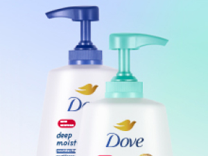 Close-up top picture of two Dove pump bottles against a gradient blue and green background.