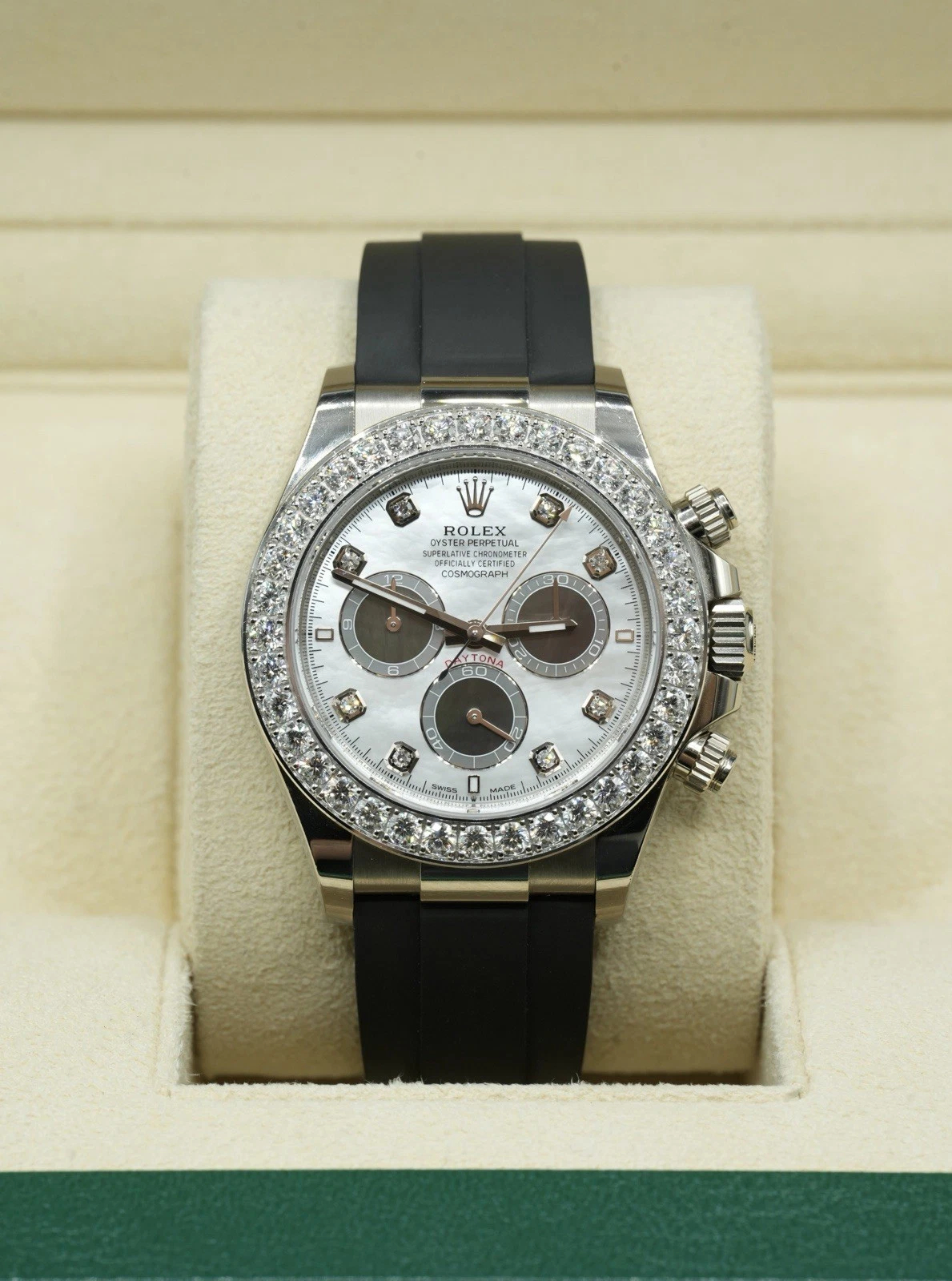 RolexCosmograph Daytona Oyster, 40 mm, white gold and diamonds Super Clone Swiss Watch Ref M126589RBR-0001 4131 Swiss Movement