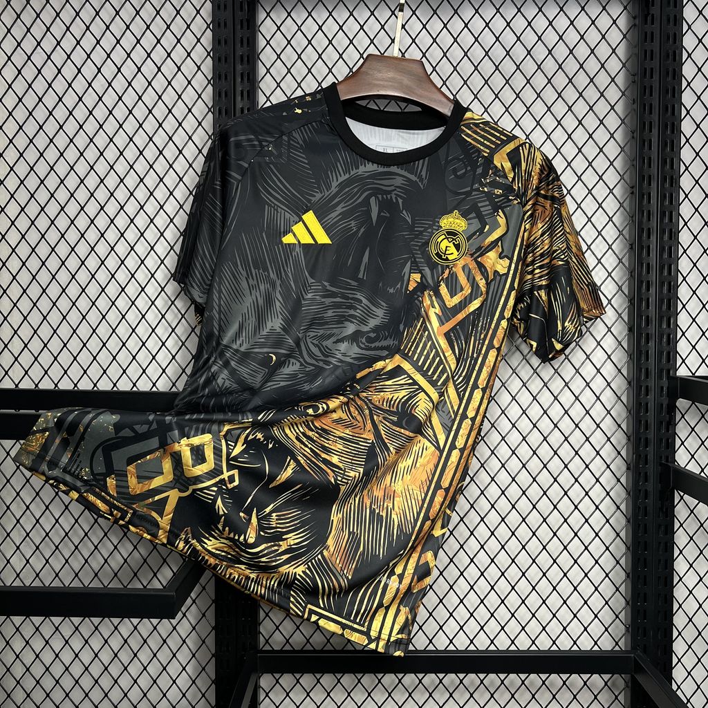 Higojerseys-Real Madrid 24-25 Black and Gloden Lion Jersey - Fans Version