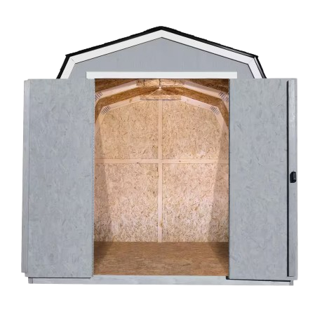 Interior view of an empty Handy Home Andover 8x12 wood storage shed showing wall and roof structure.