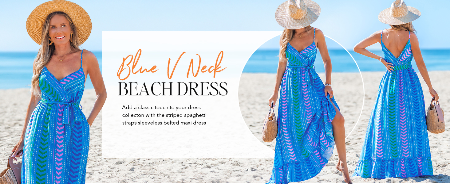 blue striped pockets belted long summer dress