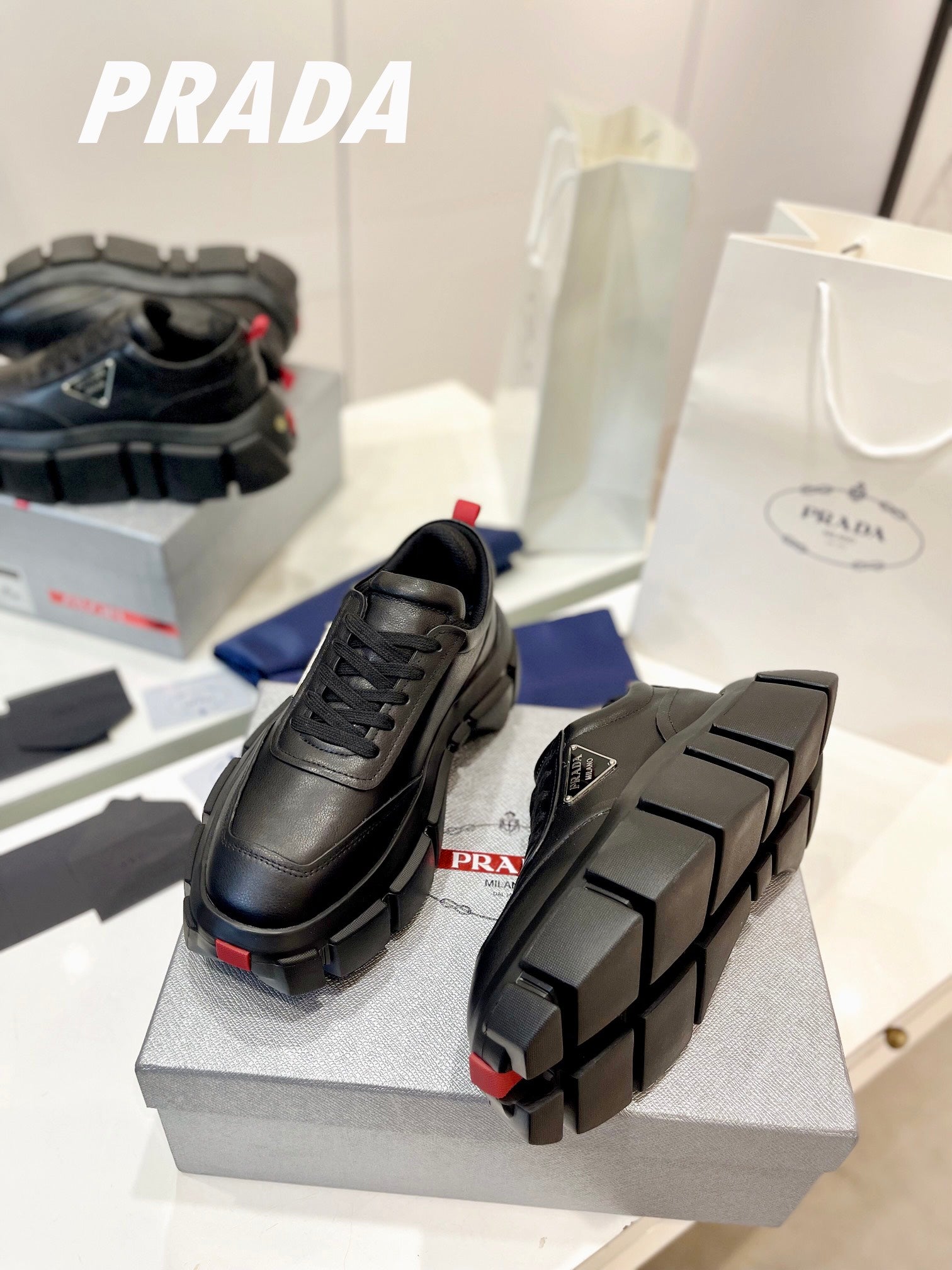 PRA BRUSHED THICK-SOLE SNEAKERS BLACK CALFSKIN、mysite、Cacoeks