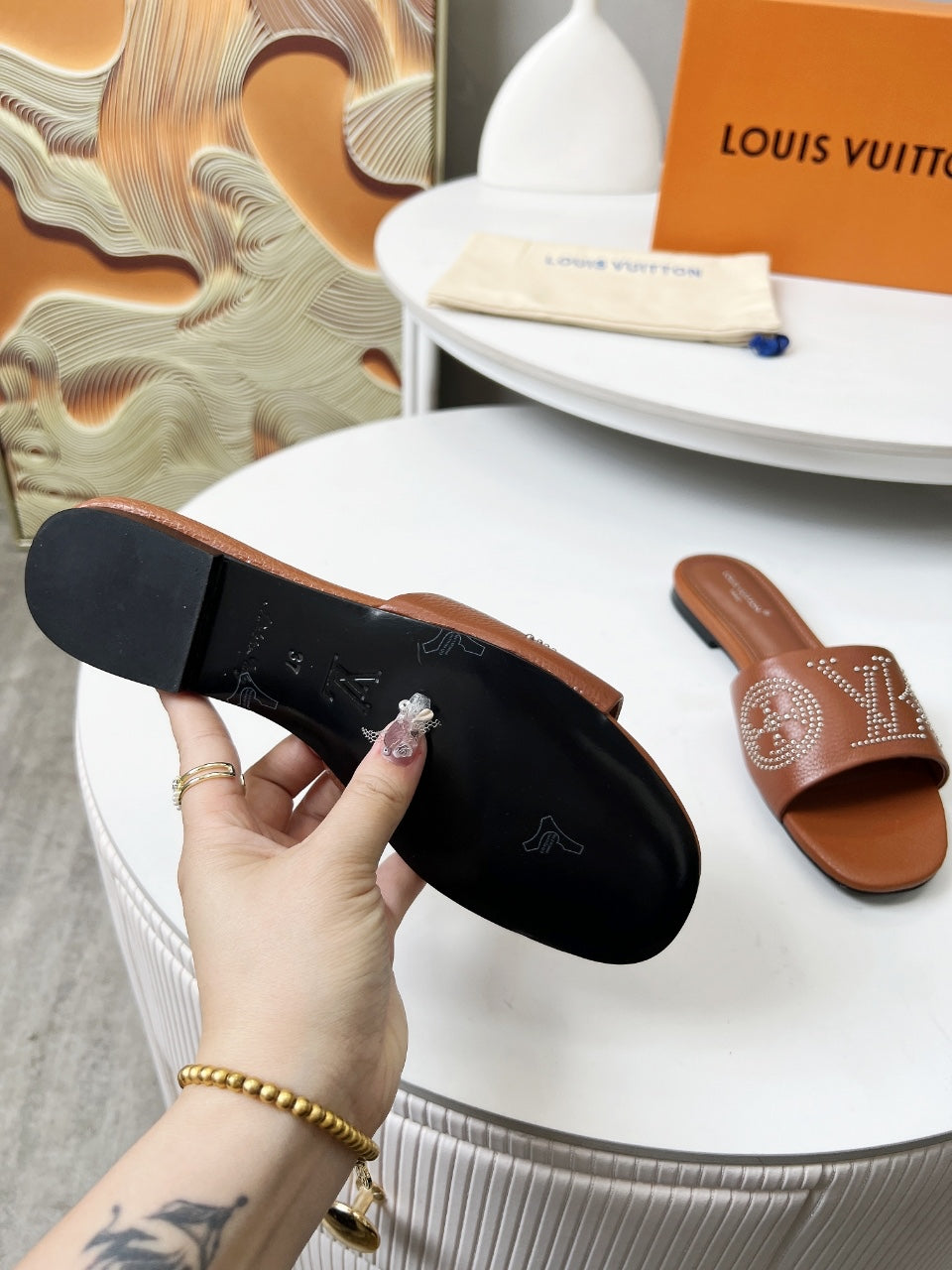 FLAT SLIDE IN BRONZE BROWN LAMBSKIN WITH RHINSTONES、mysite、Cacoeks