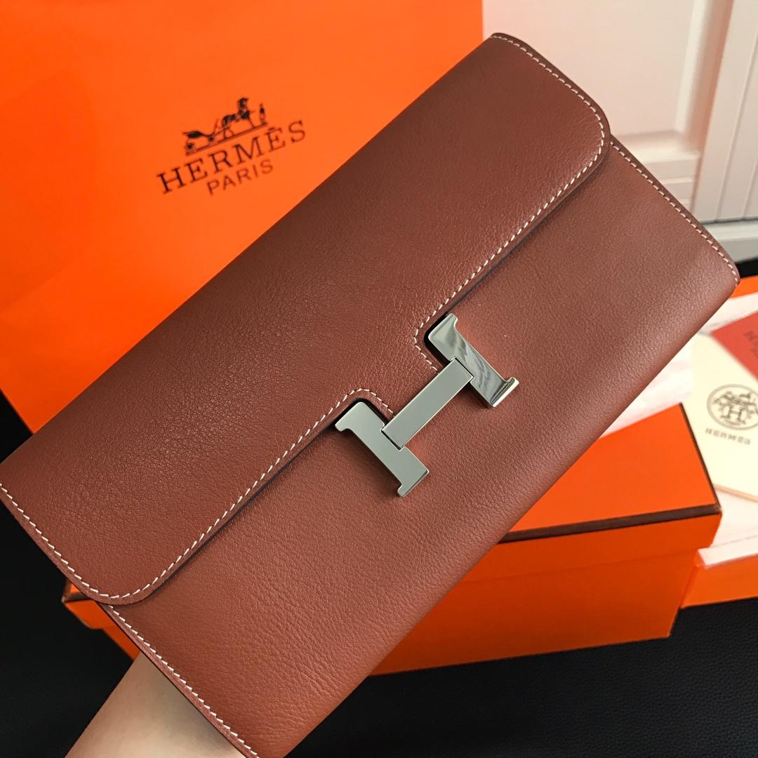 Top Replica HERMES Constance Long Wallet Gris Asphalt Epsom Coffee with Silver-Tone Metal