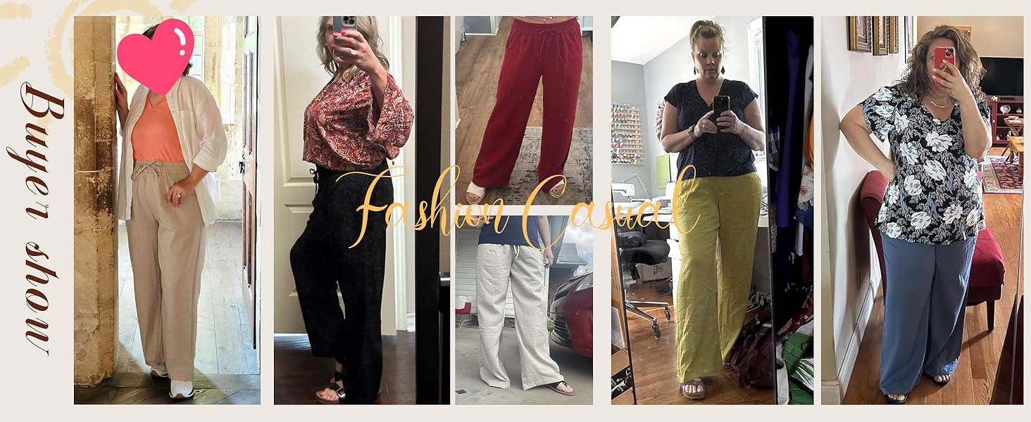 Women Cotton Linen Pants Drawstring Waist Wide Leg Palazzo Pants Loose Fit with Pockets