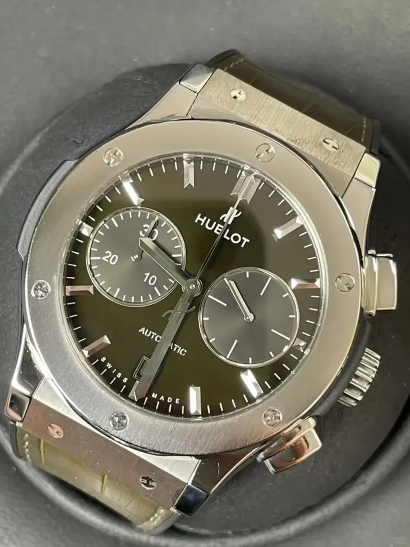 Hublot Classic Fusion Ref. 541.NX.8970.LR Super Clone Watch – Titanium Green Dial Chronograph Leather Strap Fake Replica